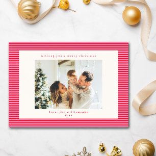 Vintage Pink Red Stripes Custom Photo Christmas Holiday Card