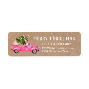 Vintage pink red truck Christmas tree kraft merry