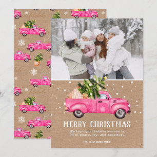 Vintage pink red truck Christmas tree kraft photo Holiday Card
