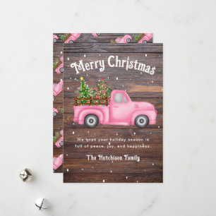 Vintage pink red truck Christmas tree Merry Holiday Card