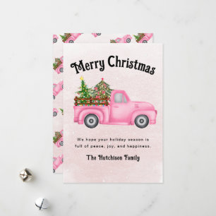 Vintage pink red truck Christmas tree Merry Holiday Card