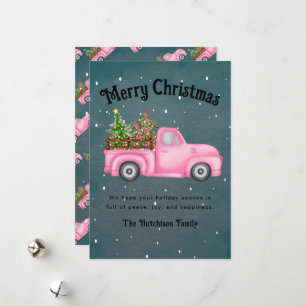 Vintage pink red truck Christmas tree Merry Holiday Card