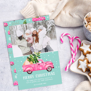 Vintage pink red truck Christmas tree teal photo Holiday Card