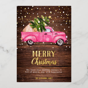 Vintage pink red truck Christmas tree wood Merry Foil Holiday Card