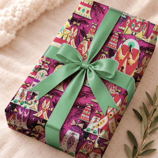 Vintage Pink Retro Christmas Bells Wrapping Paper