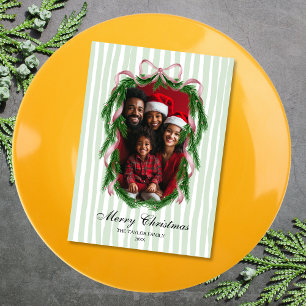 Vintage Pink Ribbon Wreath Merry Christmas Photo Invitation