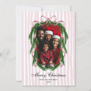 Vintage Pink Ribbon Wreath Merry Christmas Photo Invitation