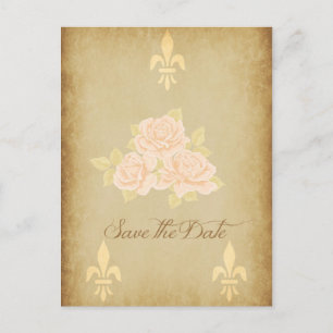Vintage pink romantic roses with golden fleurdelis announcement postcard
