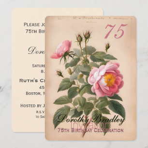 Vintage Pink Rose 75th Birthday Celebration 2 Invitation