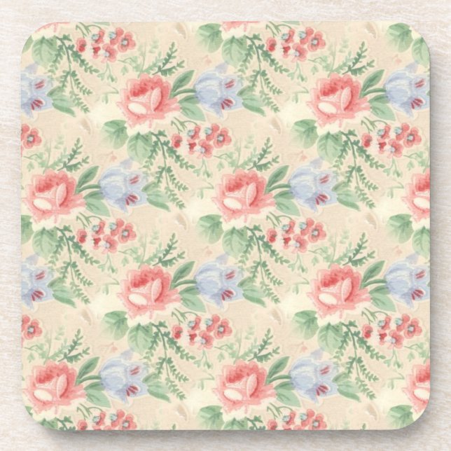 Vintage Pink Rose and Blue Flower Pattern Coaster (Front)