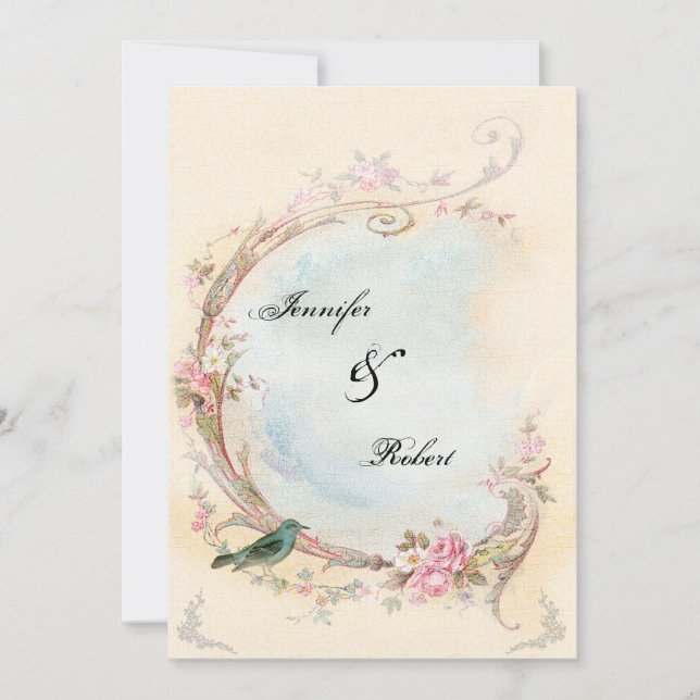 Vintage Pink Rose and Robin Wedding Invitation (Front)