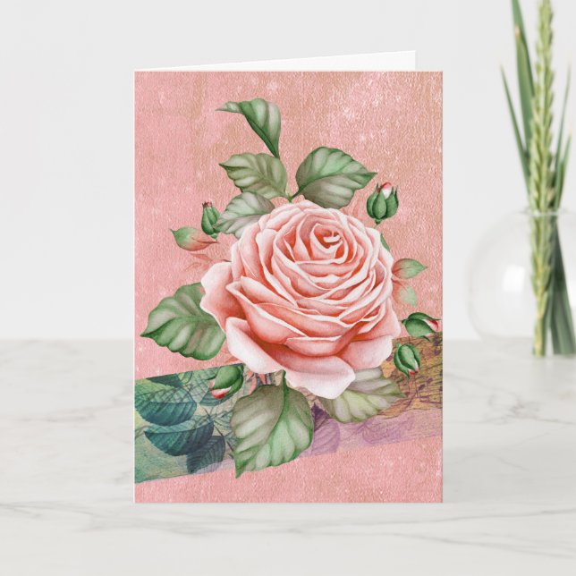 Vintage Pink Rose | Balloons Inside Birthday Card (Front)
