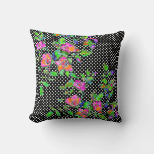 Vintage Pink Rose - black and white polka-dots Cushion