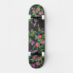 Vintage pink rose - black and white polka-dots skateboard
