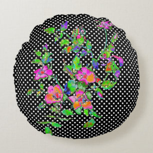 Vintage Pink Rose black/white polka-dots Round Cushion