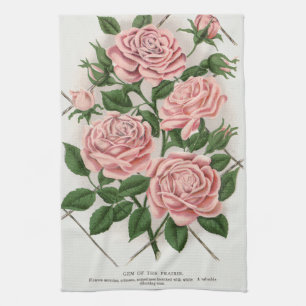 Vintage Pink Rose Botanical Cottagecore Art Tea Towel