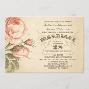 vintage pink rose botanical wedding invitation