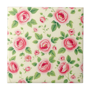 Vintage Pink Rose Bouquet Pastel Floral Chintz Tile