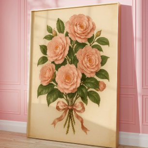 Vintage Pink Rose Bouquet Wall Art Botanical Art