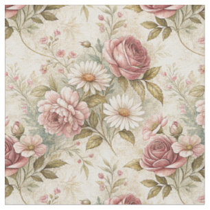 Vintage Pink Rose & Daisy Flowers Cottagecore Art Fabric