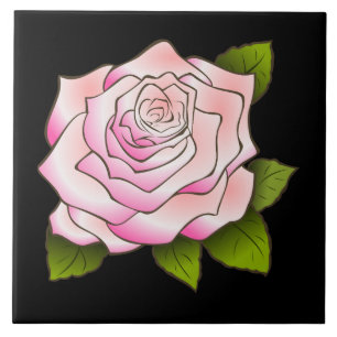 Vintage Pink Rose Drawing Black Ceramic Tile