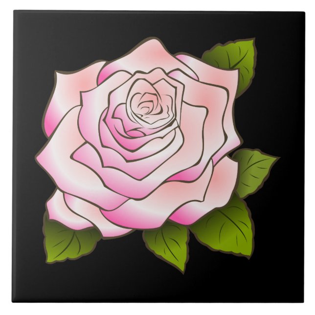 Vintage Pink Rose Drawing Black Ceramic Tile (Front)