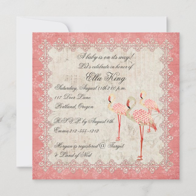 Vintage Pink Rose Flamingos Baby Invitation (Front)