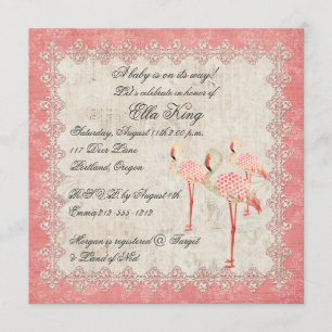 Vintage Pink Rose Flamingos Baby Invitation