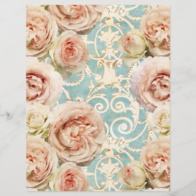 Vintage Pink Rose Floral Damask Scrapbook Paper (Front)