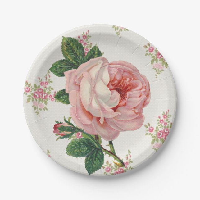Vintage Pink Rose Floral Paper Plate (Front)