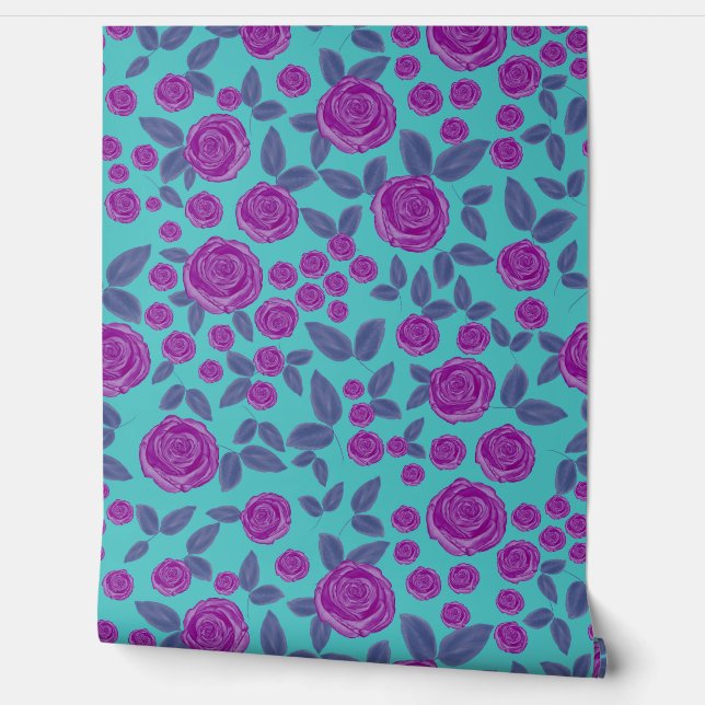Vintage Pink Rose Floral Turquoise Pattern  Wallpaper (Unrolling)
