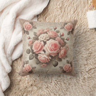Vintage Pink Rose Floral with Lace Border Cushion