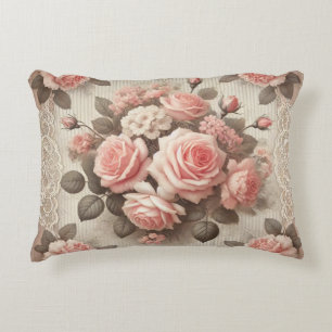 Vintage Pink Rose Floral with Lace Border Decorative Cushion