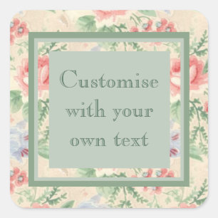 Vintage Pink Rose Flower Pattern Custom Text Square Sticker