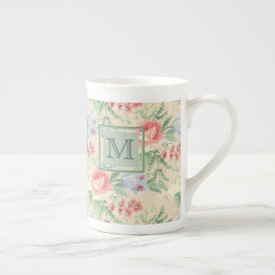 Vintage Pink Rose Flower Pattern Monogram Bone China Mug