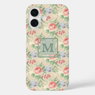Vintage Pink Rose Flower Pattern Monogram  iPhone 16 Case