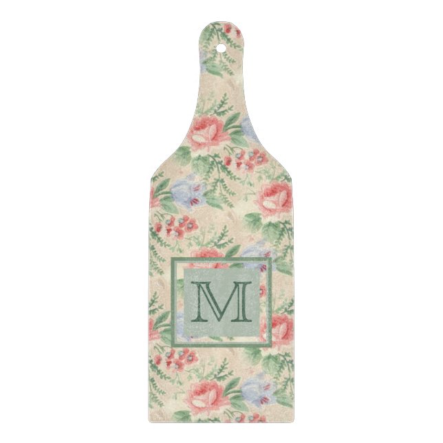 Vintage Pink Rose Flower Pattern Monogram Cutting Board (Front)