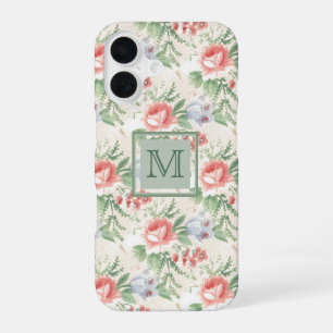 Vintage Pink Rose Flower Pattern Monogram iPhone 16 Case