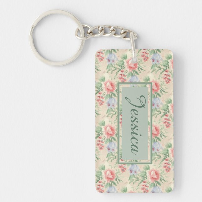 Vintage Pink Rose Flower Pattern Personalised Key Ring (Front)