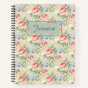 Vintage Pink Rose Flower Pattern Personalised Notebook