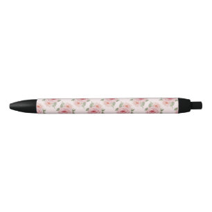 Vintage pink rose garden cottage floral pattern black ink pen
