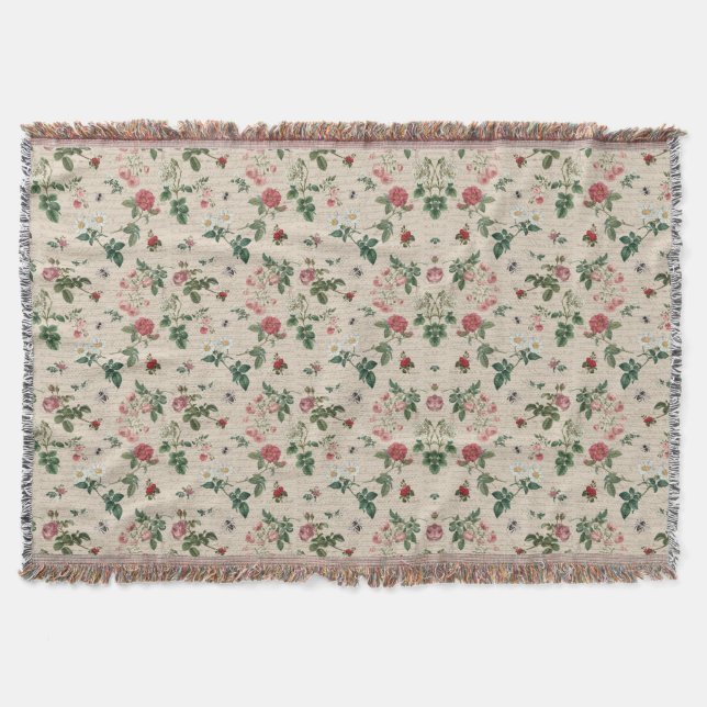 Vintage Pink Rose Garden Throw Blanket (Front)