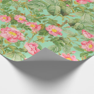 Vintage Pink Rose Gift Paper in Mint Green