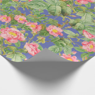 Vintage Pink Rose Gift Paper in Periwinkle Blue