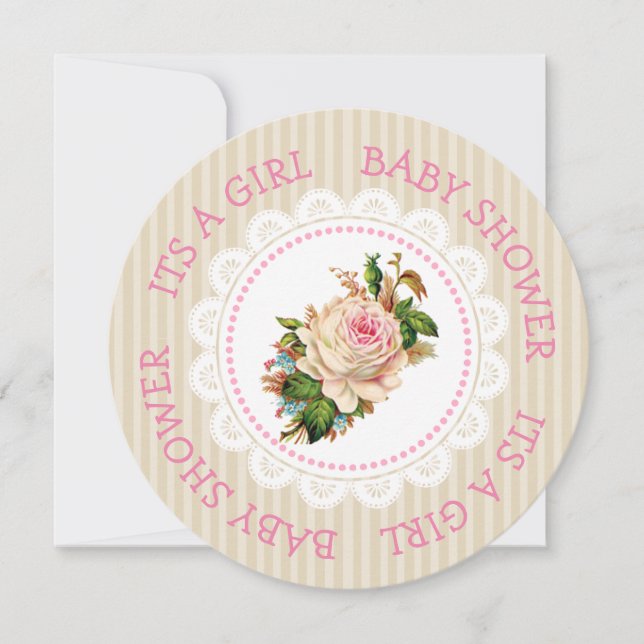 Vintage Pink Rose Girl's Baby Shower Invitations (Front)