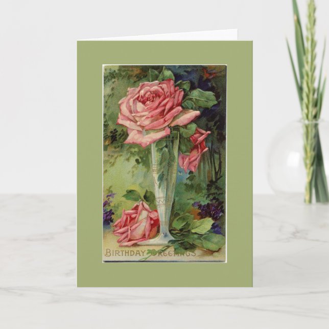 Vintage Pink Rose Green Birthday Greeting Card (Front)