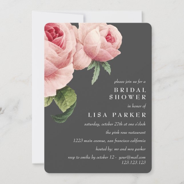 Vintage Pink Rose Grey Bridal Shower Wedding Invitation (Front)