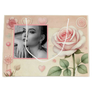 Vintage pink rose hearts floral photo watercolor large gift bag