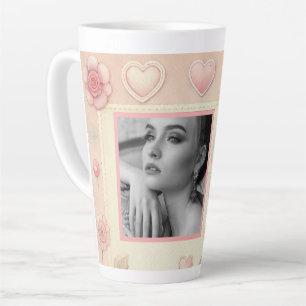 Vintage pink rose hearts floral photo watercolor latte mug