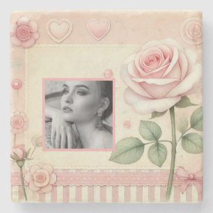 Vintage pink rose hearts floral photo watercolor stone coaster